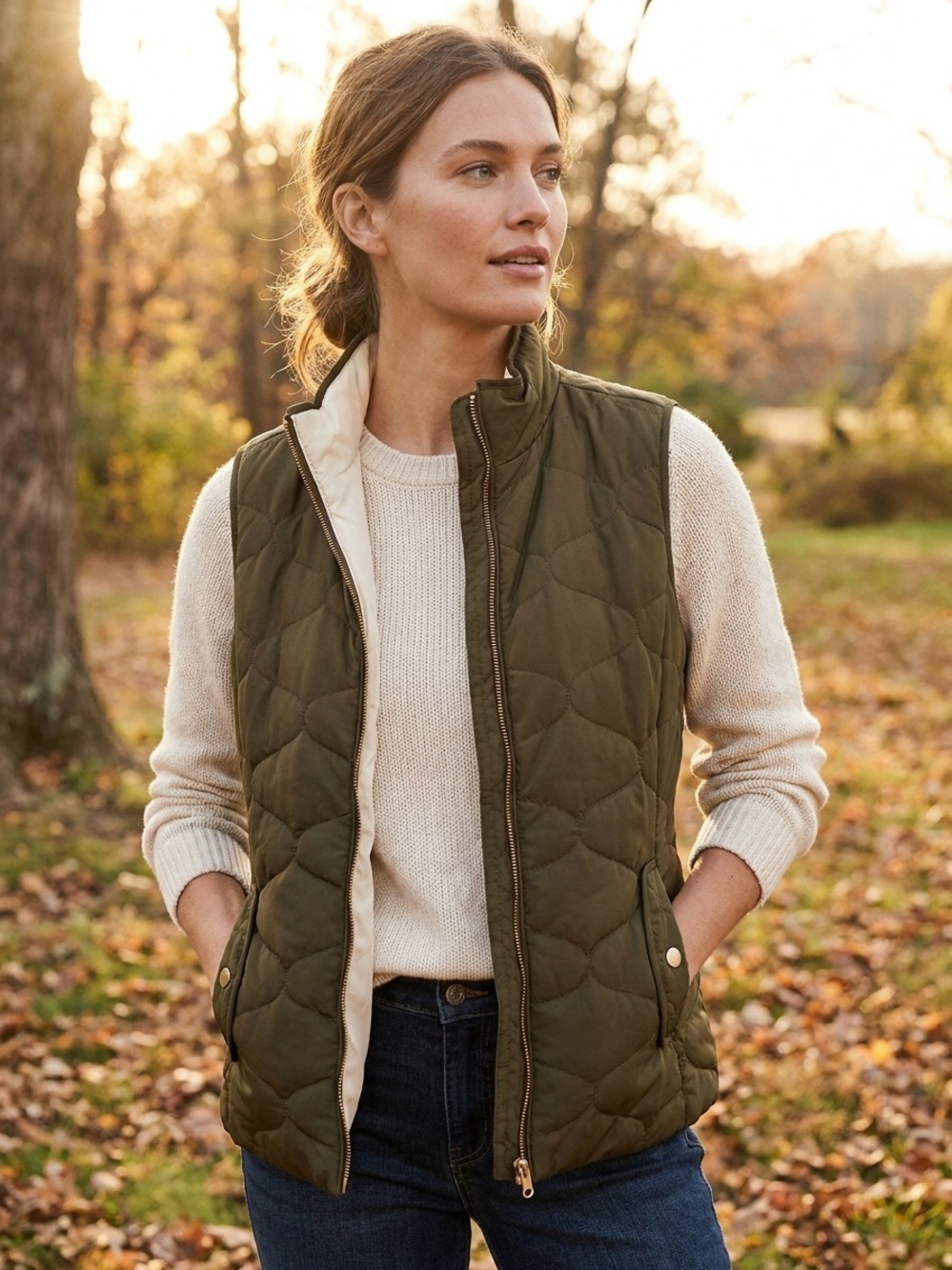 Talbots Quilted Sleeveless Puffer Vest - Olive Green